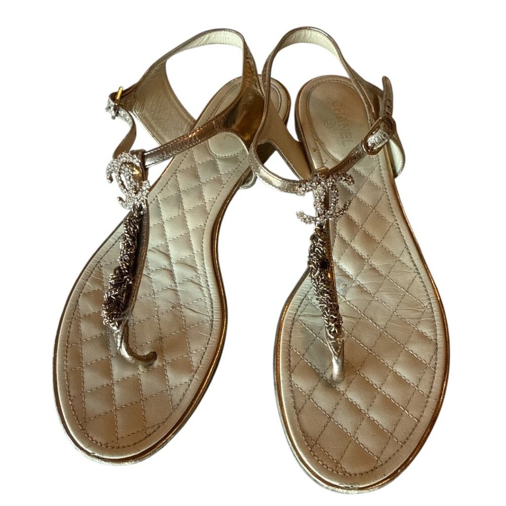 Chanel Crystal Embellished CC Logo T-Strap Sandal - Gold - 9 US 40C EU